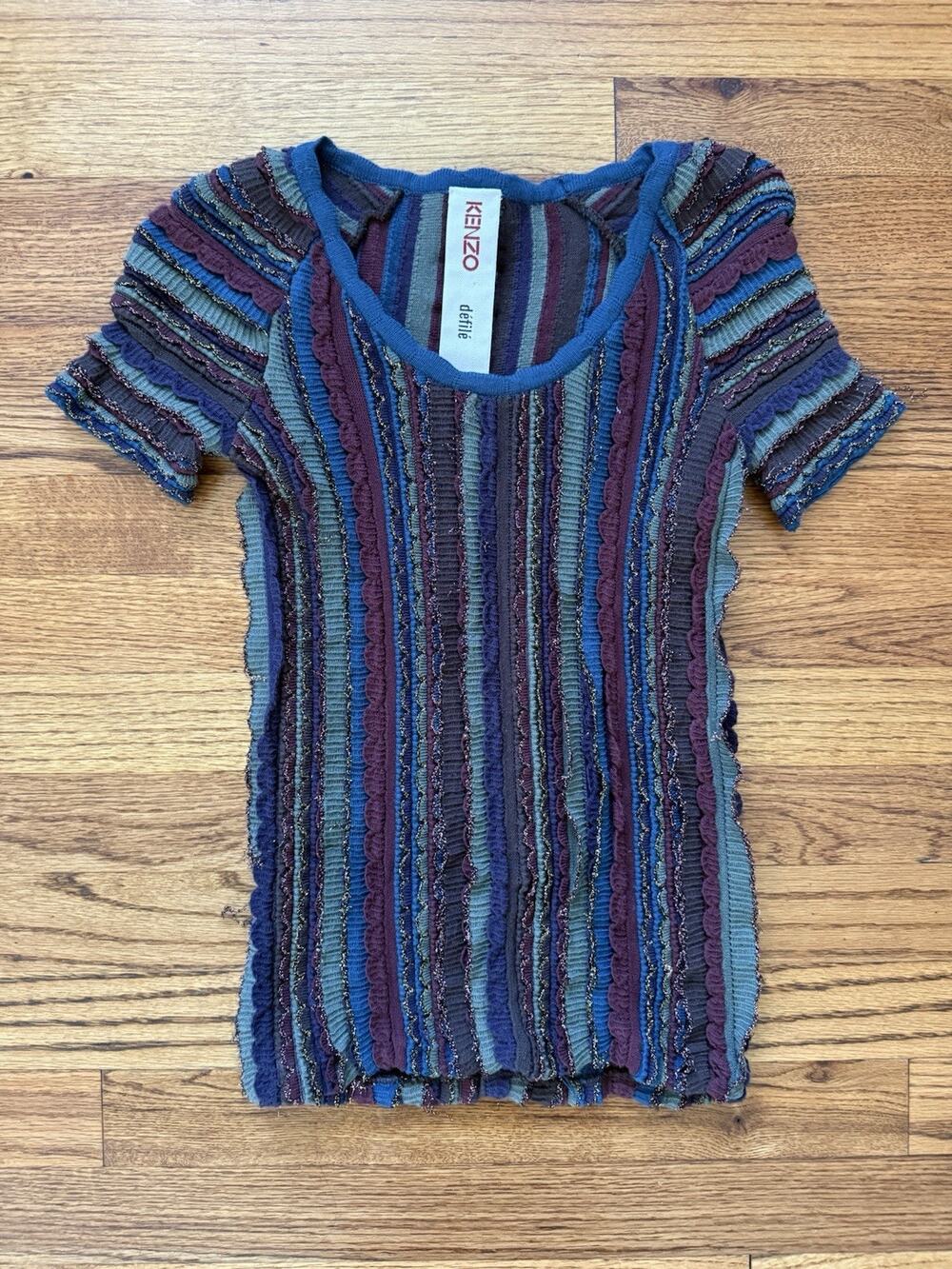 Vintage Kenzo Défilé Striped Ruffle Metallic Knit Short Sleeve Top Size S